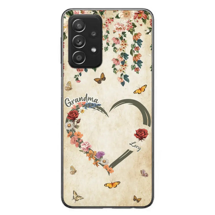 Custom Personalized Floral Heart Grandma Mom Vintage Birth Month Flower Phone Case - Up to 10 Kids - Mother's Day Gift Idea for Mom/Grandma - Case For iPhone/ Samsung