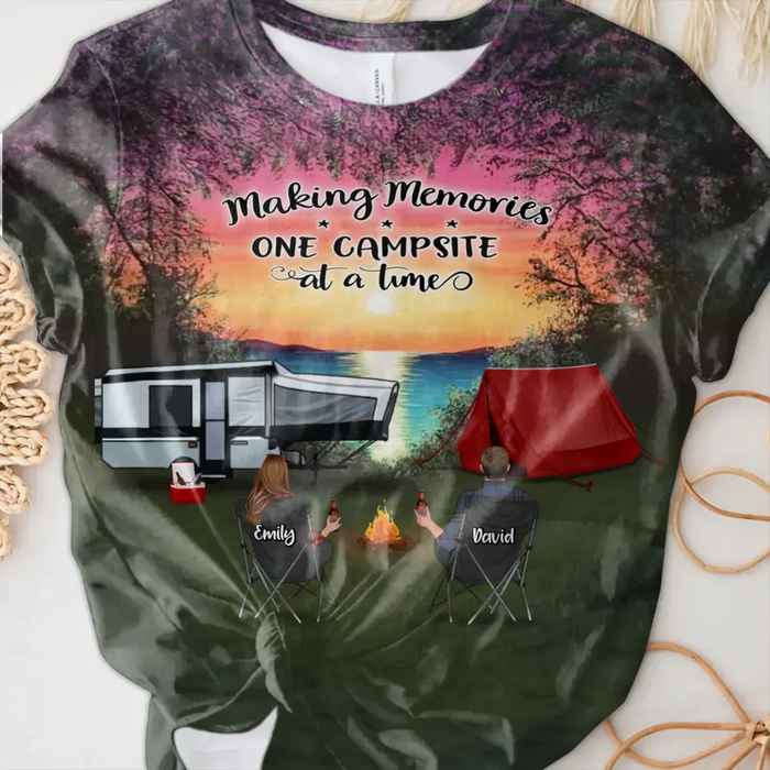 Custom Personalized Camping AOP T-Shirt - Couple/ Parents With Pets And Kids - Gift For Camping Lover/ Couple/ Family - Making Memories One Campsite At A Time