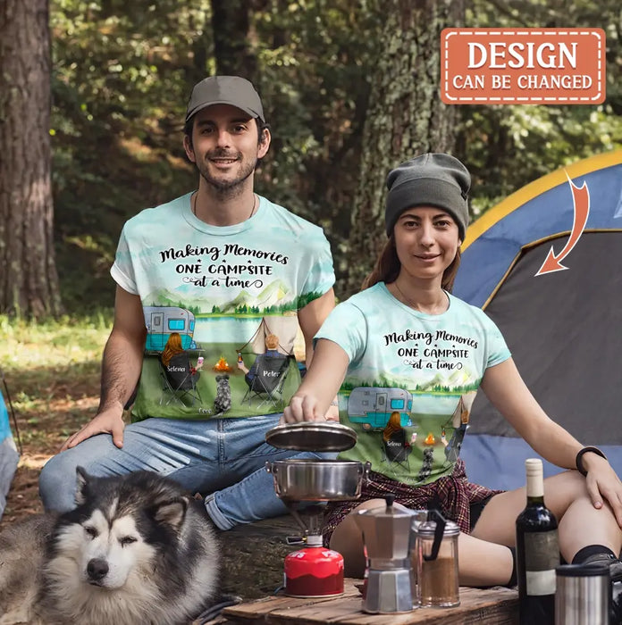 Custom Personalized Camping AOP T-Shirt - Couple/ Parents With Pets And Kids - Gift For Camping Lover/ Couple/ Family - Making Memories One Campsite At A Time