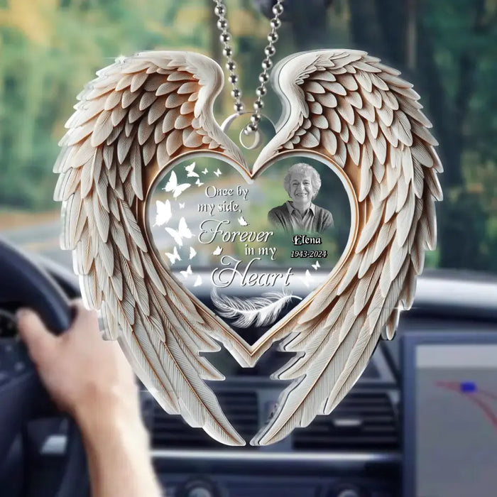 Personalized Memorial Wings Acrylic Car Ornament - Memorial Gift Idea For Family Member/Pet Lover - Upload Photo - Once By My Side Forever In My Heart