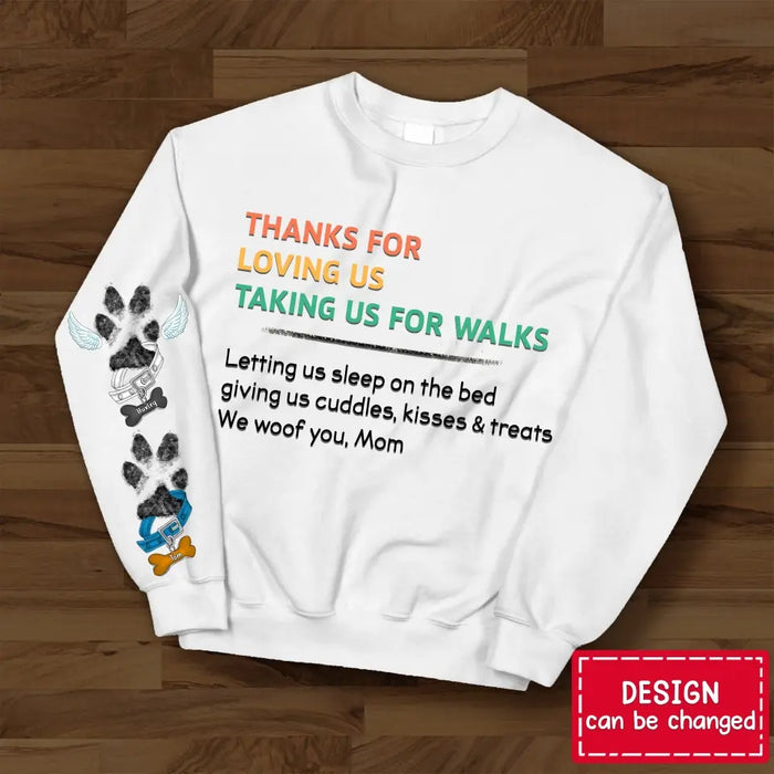 Personalized Dog Mom AOP Sweater - Up to 5 Dogs - Mother's Day Gift Idea For Dog Lover - Thanks For Loving Me Taking Me For Walks