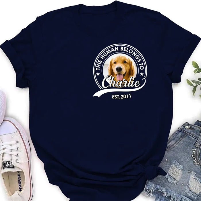 Custom Personalized Pet Mom/ Pet Dad Shirt/ Hoodie - Upload Photo - Gift Idea For Pet Lover/ Mother's Day/ Father's Day - This Human Belongs To