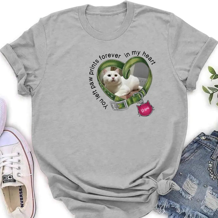 Custom Personalized Memorial Cat Collar T-shirt/ Hoodie - Upload Photo - Gift Idea For Cat Lover/ Mother's Day/Father's Day - You Left Paw Prints Forever In My Heart