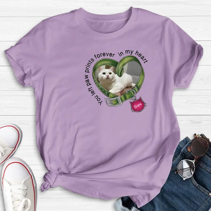 Custom Personalized Memorial Cat Collar T-shirt/ Hoodie - Upload Photo - Gift Idea For Cat Lover/ Mother's Day/Father's Day - You Left Paw Prints Forever In My Heart