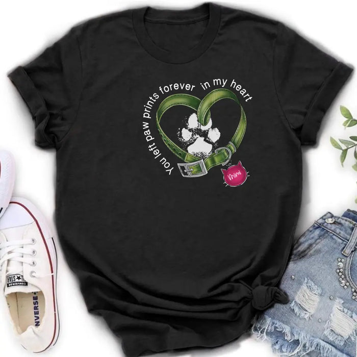 Custom Personalized Cat Collar Pawprints T-shirt/ Hoodie - Memorial Gift Idea For Cat Lover/ Mother's Day/Father's Day - You Left Paw Prints Forever In My Heart