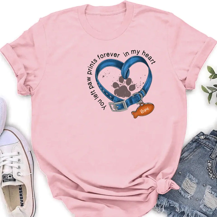 Custom Personalized Memorial Paw Prints Cat Collar T-shirt/ Hoodie - Gift Idea For Cat Lover/ Mother's Day/Father's Day - You Left Paw Prints Forever In My Heart