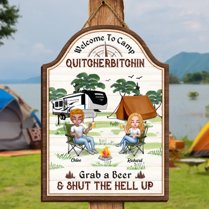 Custom Personalized Camping Wooden Sign - Best Gift For Camping Lovers/Friends - Upto 7 Friends - Welcome To Camp Quitcherbitchin