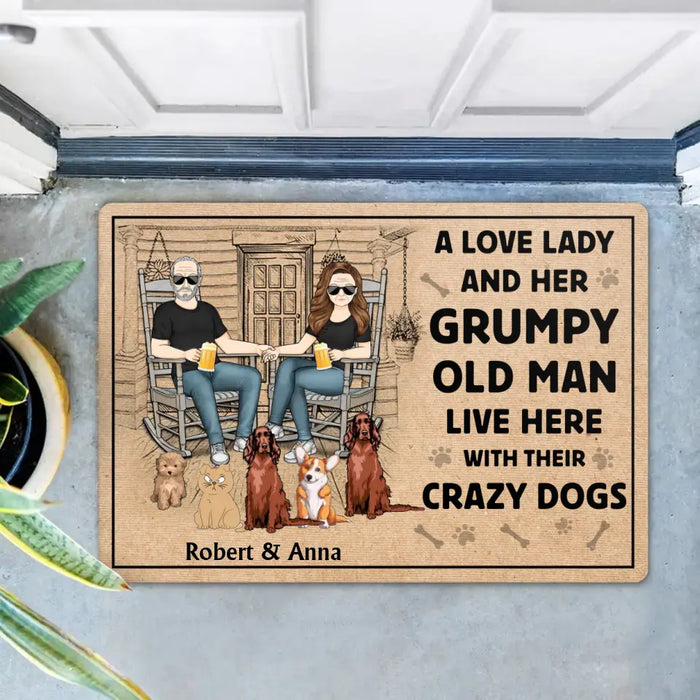 Custom Personalized Couple With Pets Doormat - Gift Idea For Mother's Day/Father's Day - Upto 5 Pets - A Lovely Lady And Her Grumpy Old Man Live Here With Their Crazy Dogs