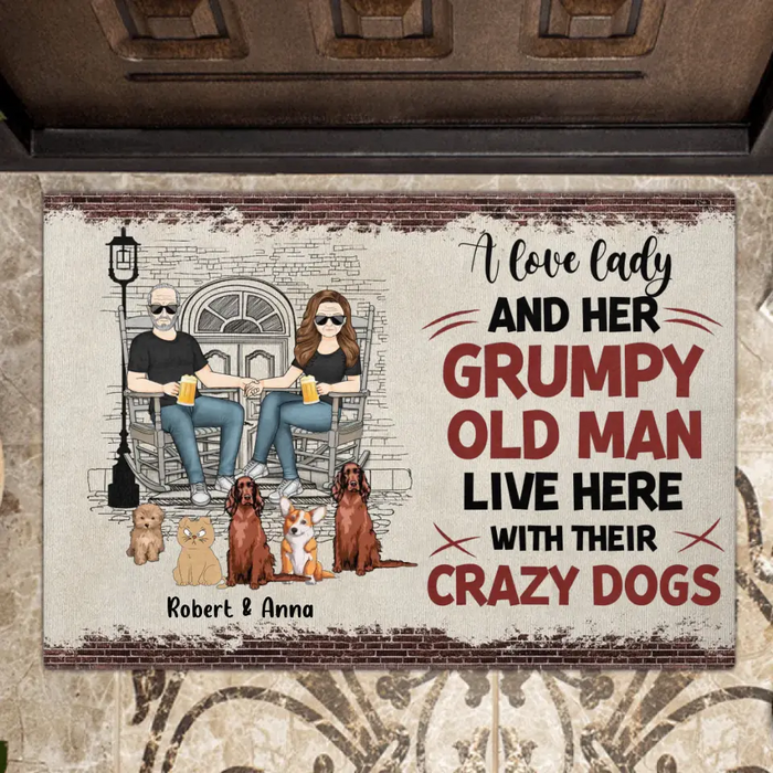 Custom Personalized Couple With Pets Doormat - Gift Idea For Mother's Day/Father's Day/Pet Lovers - Upto 5 Pets - A Lovely Lady And Her Grumpy Old Man Live Here
