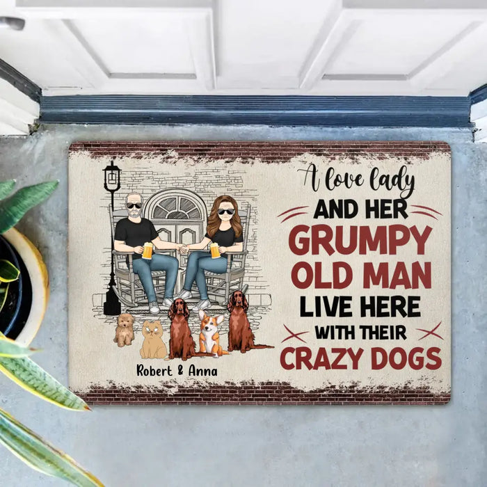 Custom Personalized Couple With Pets Doormat - Gift Idea For Mother's Day/Father's Day/Pet Lovers - Upto 5 Pets - A Lovely Lady And Her Grumpy Old Man Live Here