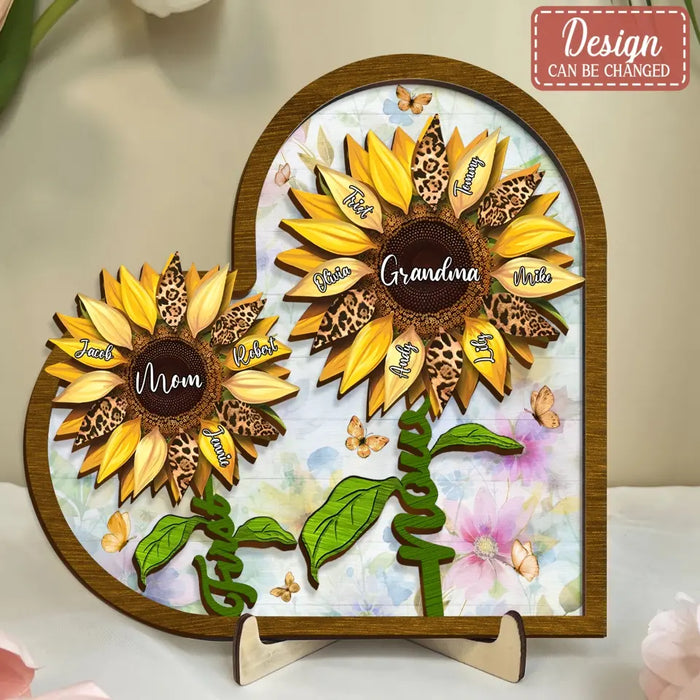 Custom Personalized First Mom Now Grandma Sunflower 2 Layered Wooden Art - Upto 15 Kids And 15 Grandkids - Mother's Day Gift Idea For Grandma/ Mom