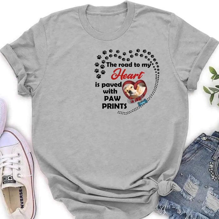 Custom Personalized Dog Collar Shirt/ Hoodie - Upload Photo - Memorial Gift Idea For Dog Lover/ Mother's Day/Father's Day - The Road To My Heart Is Paved With Paw Prints