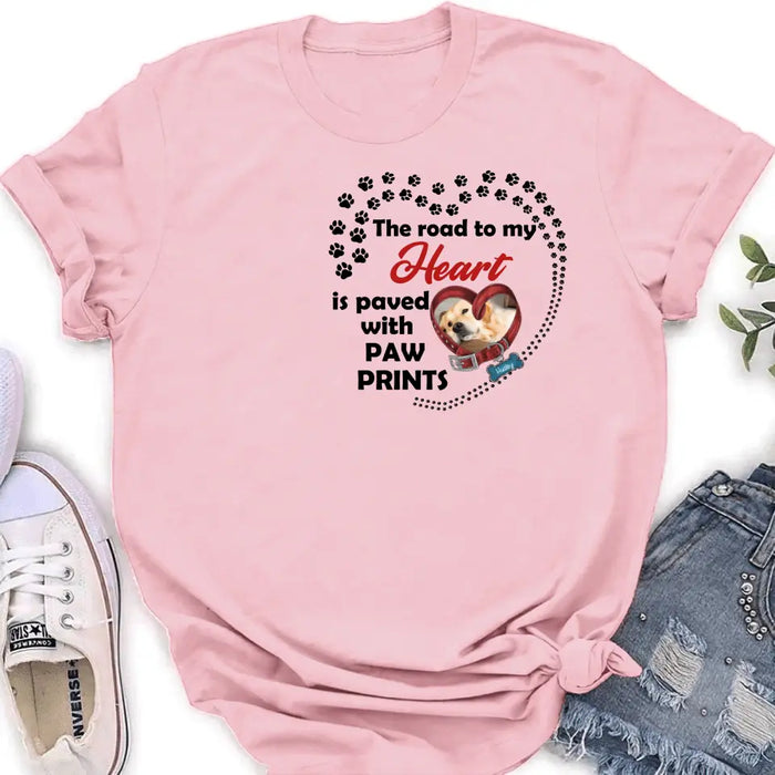 Custom Personalized Dog Collar Shirt/ Hoodie - Upload Photo - Memorial Gift Idea For Dog Lover/ Mother's Day/Father's Day - The Road To My Heart Is Paved With Paw Prints