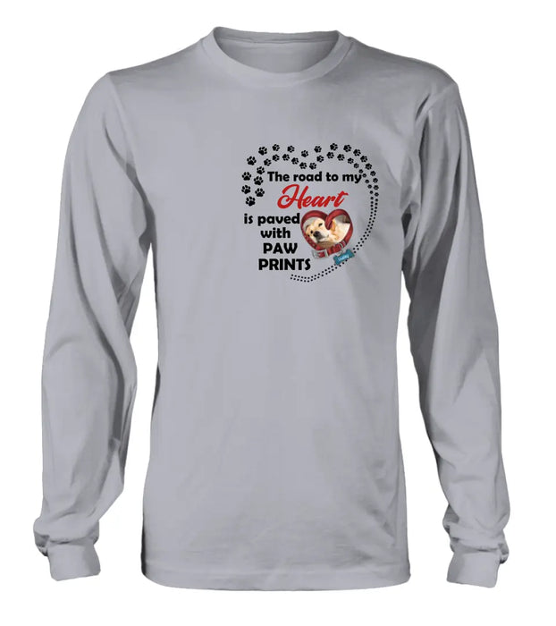 Custom Personalized Dog Collar Shirt/ Hoodie - Upload Photo - Memorial Gift Idea For Dog Lover/ Mother's Day/Father's Day - The Road To My Heart Is Paved With Paw Prints