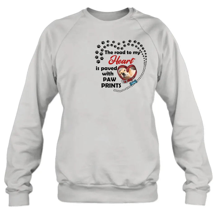 Custom Personalized Dog Collar Shirt/ Hoodie - Upload Photo - Memorial Gift Idea For Dog Lover/ Mother's Day/Father's Day - The Road To My Heart Is Paved With Paw Prints
