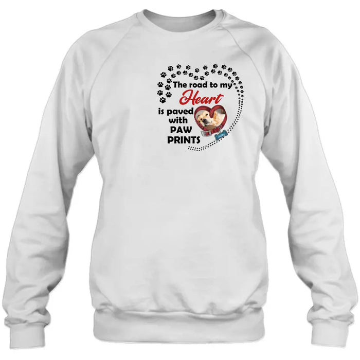 Custom Personalized Dog Collar Shirt/ Hoodie - Upload Photo - Memorial Gift Idea For Dog Lover/ Mother's Day/Father's Day - The Road To My Heart Is Paved With Paw Prints