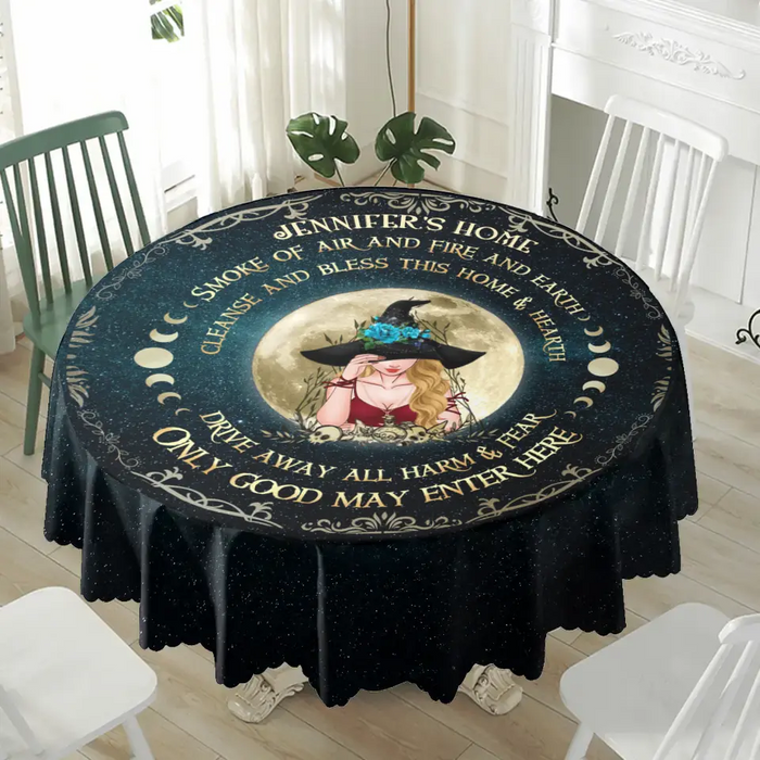 Custom Personalized Witch Round Waterproof Tablecloth - Gift Idea for With Lovers/Wicca/Pagan Decor - Smoke Of Air And Fire And Earth Cleanse And Bless This Home