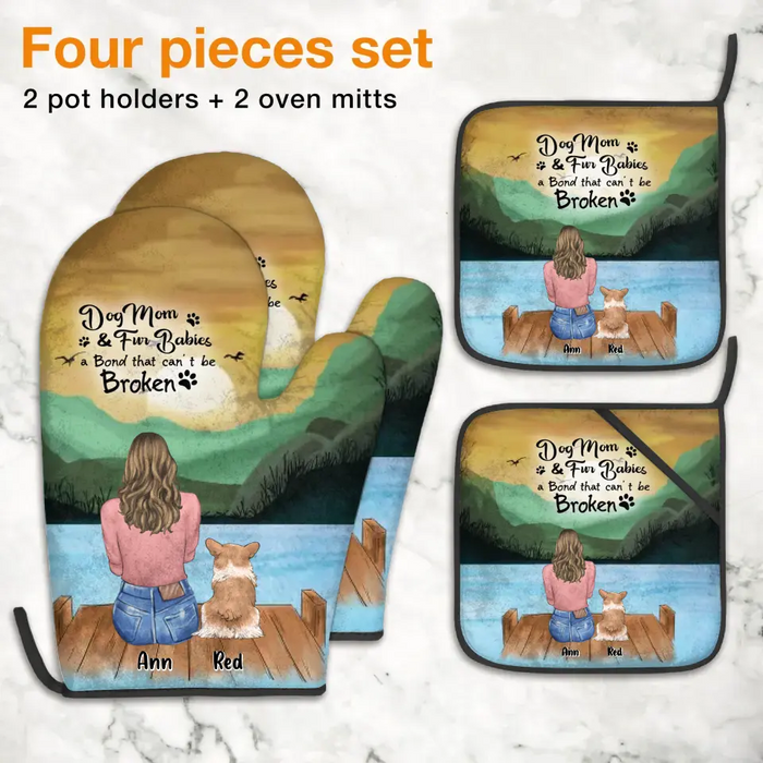 Personalized Dog Mom Heat Resistant Oven Mitt With Pot Holder - Up to 5 Dogs - Mother's Day Gift Idea for Dog Lovers - Dog Mom & Fur Babies A Bond That Can't Be Broken