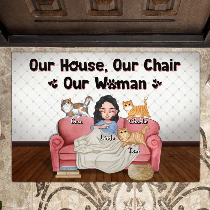 Personalized Cat Mom Doormat - Gifts For Cat Lovers With Up to 7 Cats/Mother's Day - Our House Our Chair Our Woman