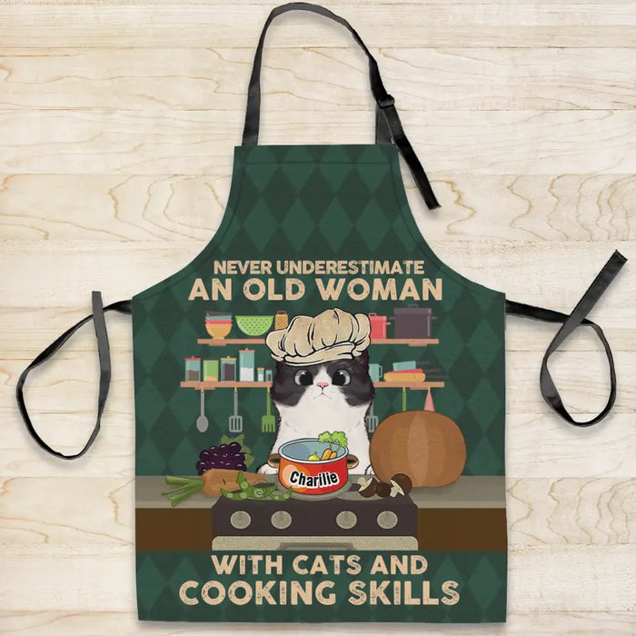 Personalized Cat Mom/Cat Dad Fashion Home Pocketless Apron - Up to 3 Cats - Gift Idea for Cat Lovers/Cooking Lover - Never Underestimate An Old Man With Cats And Cooking Skills
