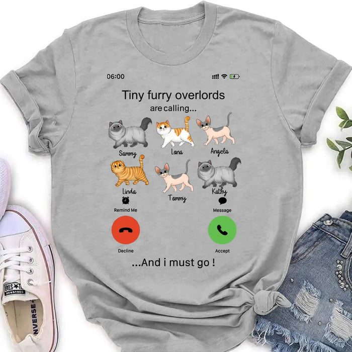 Custom Personalized Cats Mom/Dad T-shirt/ Hoodie - Gift Idea For Cat Lover/Mother's Day/Father's Day - Tiny Furry Overlords Are Calling