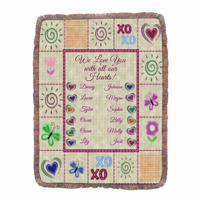 Personalized Grandma Mom Ultra-Soft Mixed Green Fringe Blanket - Up to 12 Kids - Mother's Day Gift Idea For Grandma/Mom - We Love You With All Our Hearts