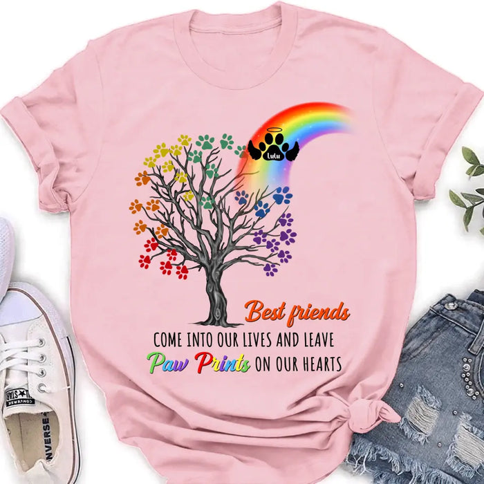 Personalized Rainbow Bridge Memorial Shirt/Hoodie - Memorial Gift Idea For Dog Lover - Up to 4 Dogs - Best Friends Come Into Our Lives And Leave Paw Prints On Our Hearts