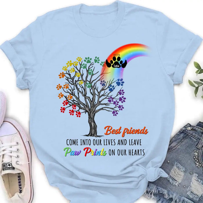 Personalized Rainbow Bridge Memorial Shirt/Hoodie - Memorial Gift Idea For Dog Lover - Up to 4 Dogs - Best Friends Come Into Our Lives And Leave Paw Prints On Our Hearts