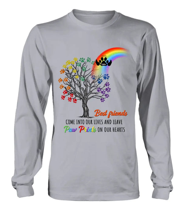 Personalized Rainbow Bridge Memorial Shirt/Hoodie - Memorial Gift Idea For Dog Lover - Up to 4 Dogs - Best Friends Come Into Our Lives And Leave Paw Prints On Our Hearts