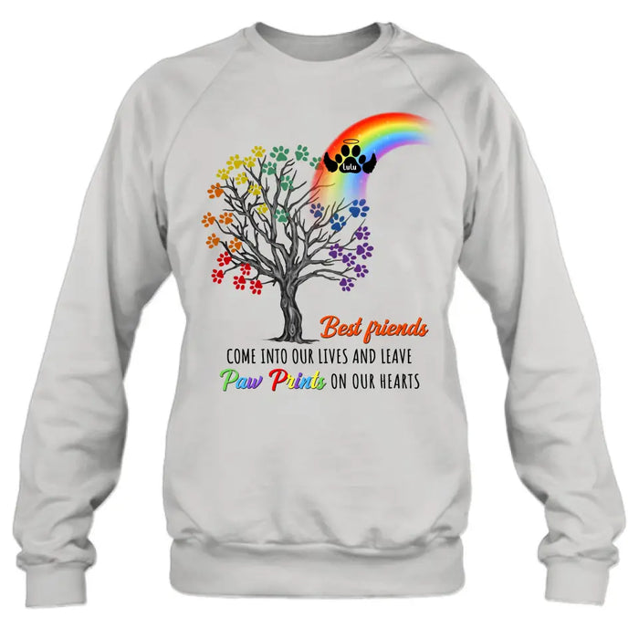 Personalized Rainbow Bridge Memorial Shirt/Hoodie - Memorial Gift Idea For Dog Lover - Up to 4 Dogs - Best Friends Come Into Our Lives And Leave Paw Prints On Our Hearts