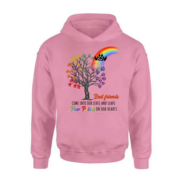 Personalized Rainbow Bridge Memorial Shirt/Hoodie - Memorial Gift Idea For Dog Lover - Up to 4 Dogs - Best Friends Come Into Our Lives And Leave Paw Prints On Our Hearts