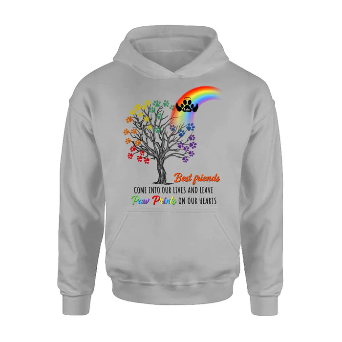 Personalized Rainbow Bridge Memorial Shirt/Hoodie - Memorial Gift Idea For Dog Lover - Up to 4 Dogs - Best Friends Come Into Our Lives And Leave Paw Prints On Our Hearts