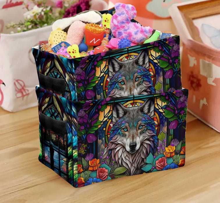 Personalized Wolf Stash Box With Northern Lights Design - Storage Box - Keepsake Gift Box - Totem Spirit Animal