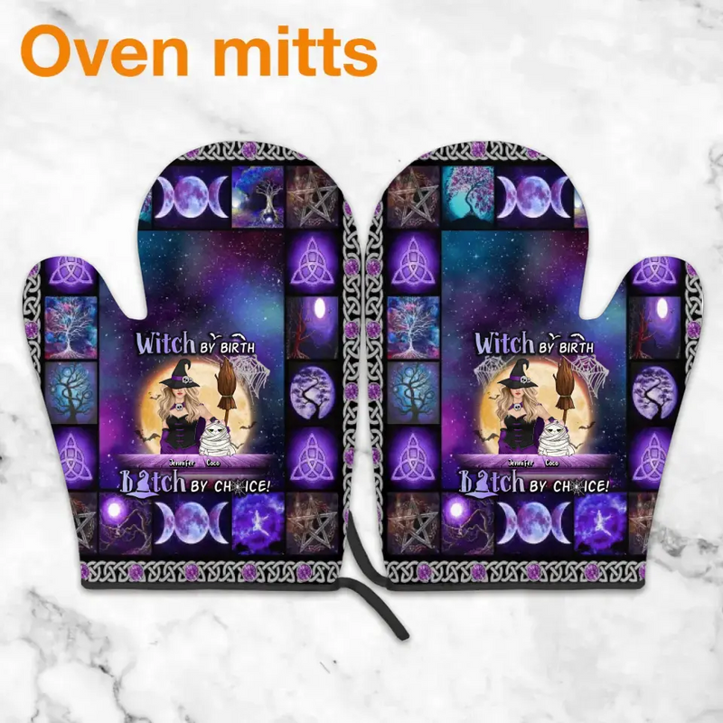 Personalized Witch Heat Resistant Oven Mitts With Pot Holders - Up to 4 Cats/Dogs - Gift Idea for Mother's Day/Dog/Cat Lovers - Witch By Birth