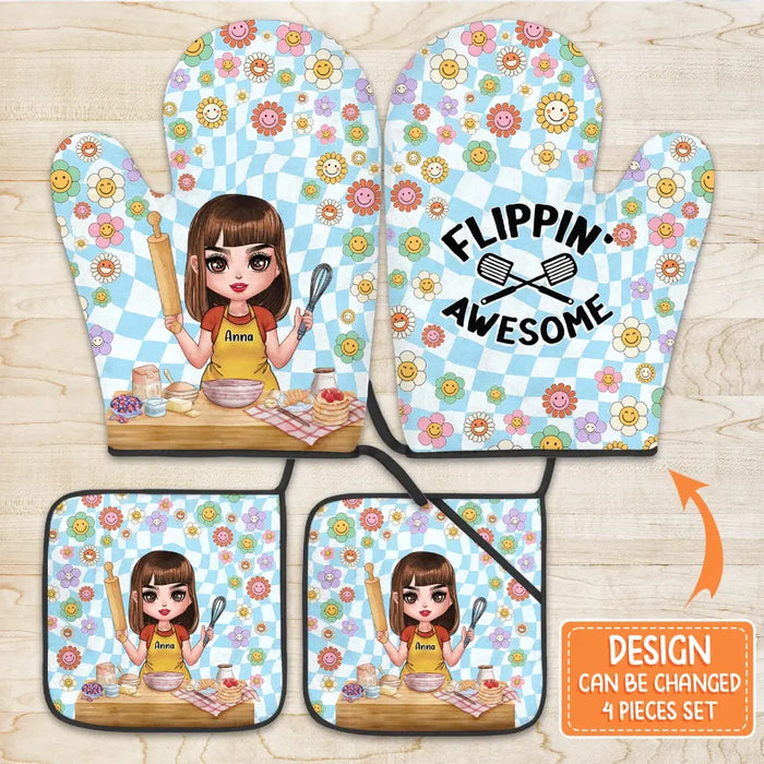 Personalized Cooking Girl Heat Resistant Oven Mitts With Pot Holders - Gift Idea for Mother's Day/Cooking Lover - The Kitchen Is The Heart Of The Home