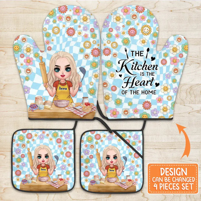 Custom Personalized Cooking Girl Heat Resistant Oven Mitts With Pot Holders - Gift Idea for Mother's Day/ Cooking Lover - The Kitchen Is The Heart Of The Home
