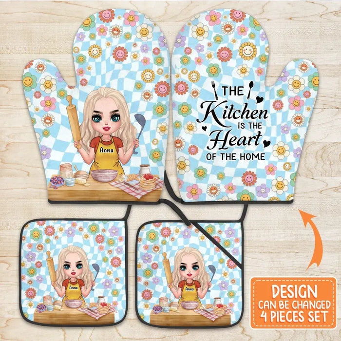 Personalized Cooking Girl Heat Resistant Oven Mitts With Pot Holders - Gift Idea for Mother's Day/Cooking Lover - The Kitchen Is The Heart Of The Home