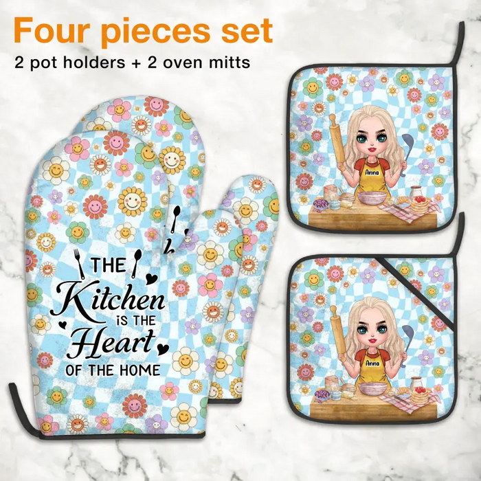 Custom Personalized Cooking Girl Heat Resistant Oven Mitts With Pot Holders - Gift Idea for Mother's Day/ Cooking Lover - The Kitchen Is The Heart Of The Home