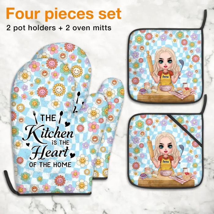 Personalized Cooking Girl Heat Resistant Oven Mitts With Pot Holders - Gift Idea for Mother's Day/Cooking Lover - The Kitchen Is The Heart Of The Home