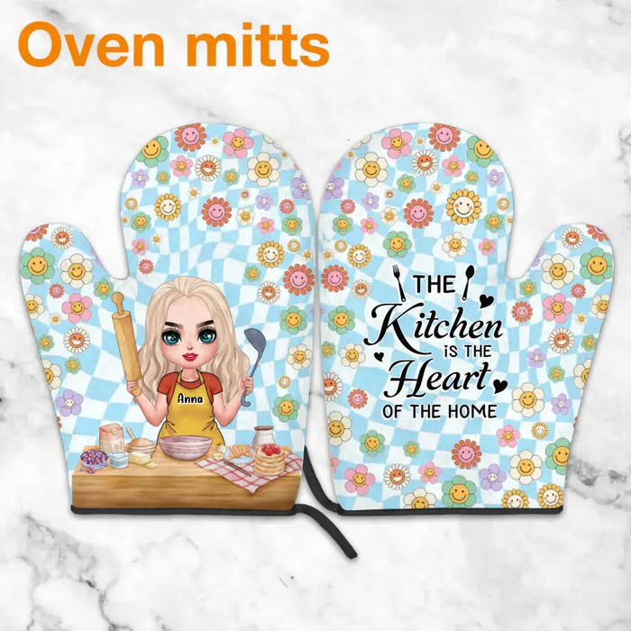 Personalized Cooking Girl Heat Resistant Oven Mitts With Pot Holders - Gift Idea for Mother's Day/Cooking Lover - The Kitchen Is The Heart Of The Home