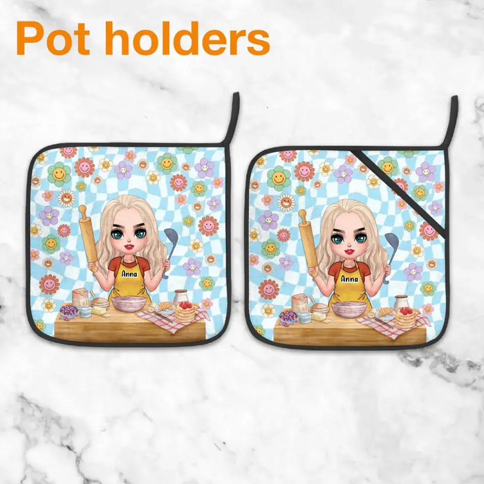 Personalized Cooking Girl Heat Resistant Oven Mitts With Pot Holders - Gift Idea for Mother's Day/Cooking Lover - The Kitchen Is The Heart Of The Home