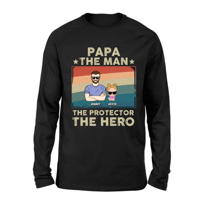 Custom Personalized Grandpa Shirt/Hoodie - Grandpa with up to 9 Grandchildren - Father's Day Gift Idea for Grandpa - Papa The Man The Protector The Hero