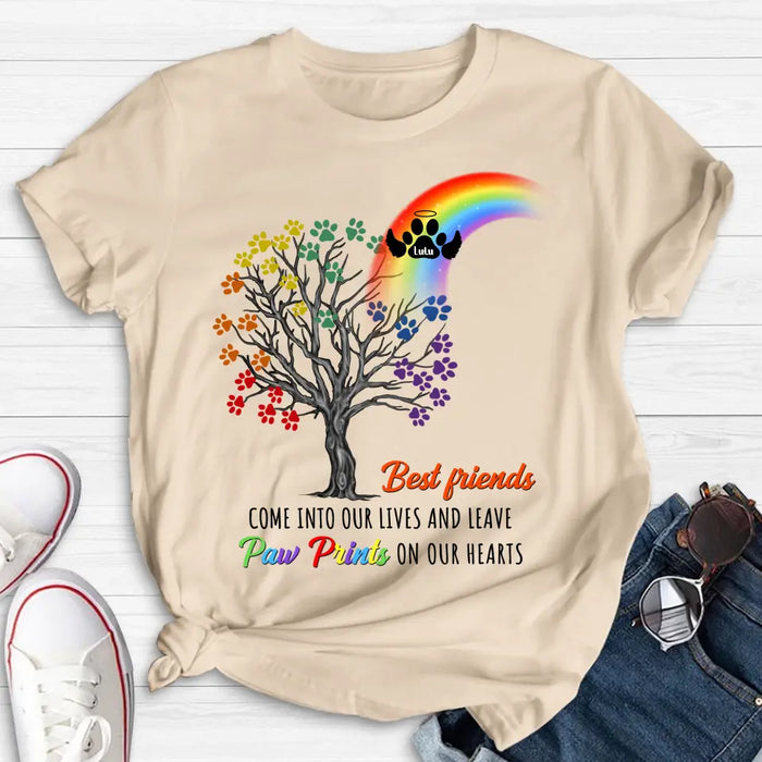 Personalized Rainbow Bridge Memorial Shirt/Hoodie - Memorial Gift Idea For Dog Lover - Up to 4 Dogs - Best Friends Come Into Our Lives And Leave Paw Prints On Our Hearts