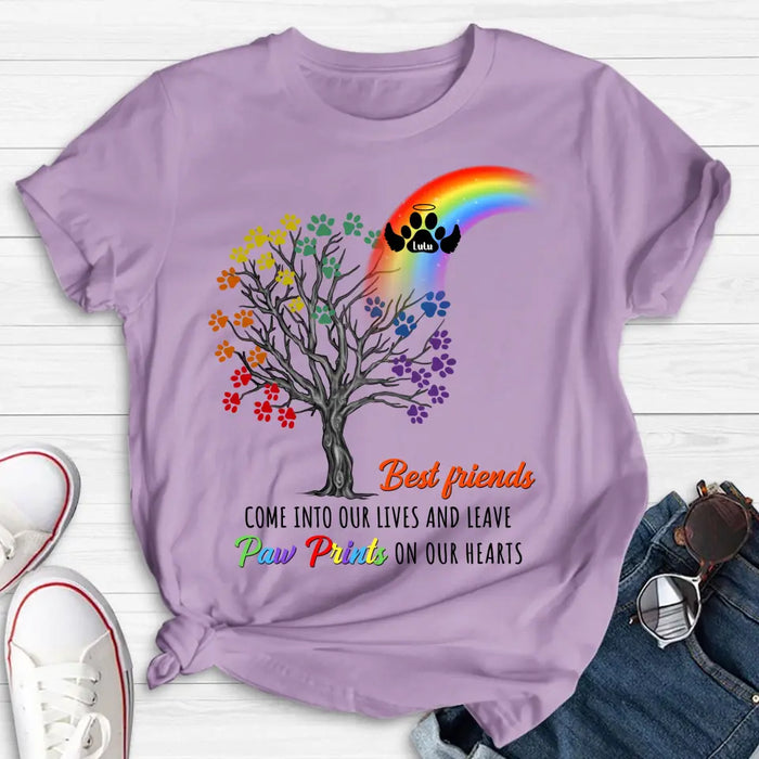 Personalized Rainbow Bridge Memorial Shirt/Hoodie - Memorial Gift Idea For Dog Lover - Up to 4 Dogs - Best Friends Come Into Our Lives And Leave Paw Prints On Our Hearts