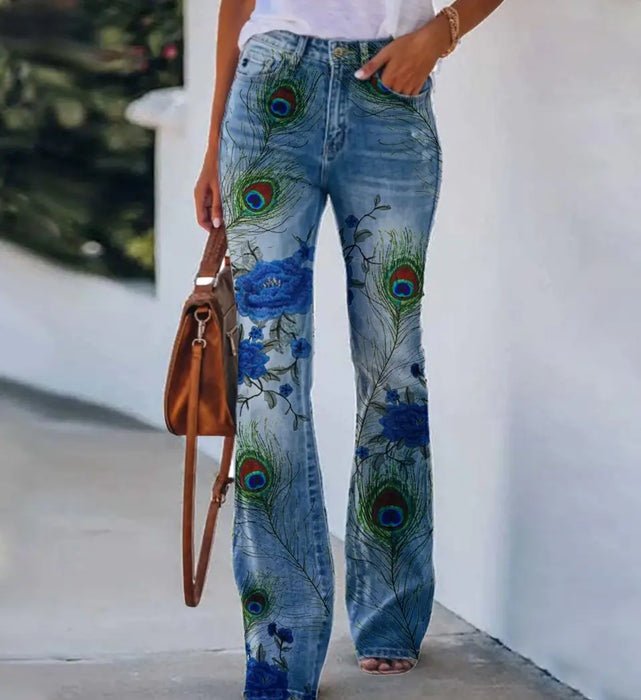 Peacock All-Over Print Women's Skinny Flare Pants - Mother's Day/ Birthday Gifts