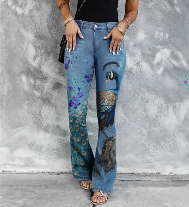 Peacock All-Over Print Women's Skinny Flare Pants - Mother's Day/ Birthday Gift Idea