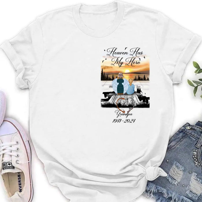 Custom Personalized Memorial Fishing Grandpa Shirt/ Hoodie - Memorial Gift Idea For Dad/ Grandpa/ Father's Day - Heaven Has My Hero