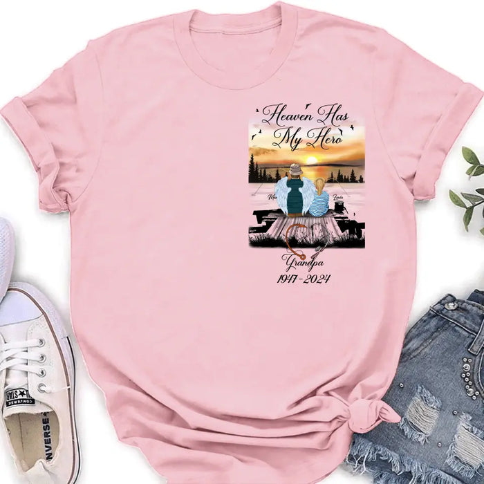 Custom Personalized Memorial Fishing Grandpa Shirt/ Hoodie - Memorial Gift Idea For Dad/ Grandpa/ Father's Day - Heaven Has My Hero