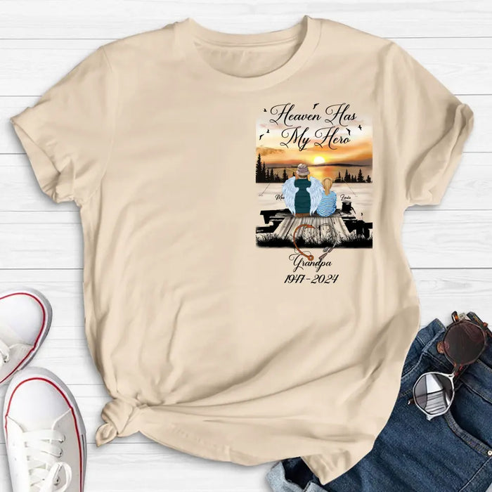 Custom Personalized Memorial Fishing Grandpa Shirt/ Hoodie - Memorial Gift Idea For Dad/ Grandpa/ Father's Day - Heaven Has My Hero