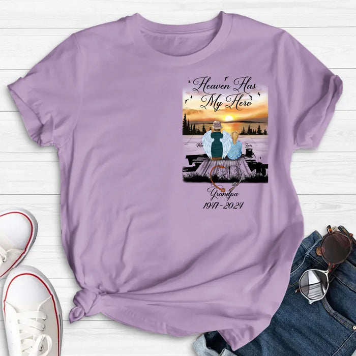 Custom Personalized Memorial Fishing Grandpa Shirt/ Hoodie - Memorial Gift Idea For Dad/ Grandpa/ Father's Day - Heaven Has My Hero